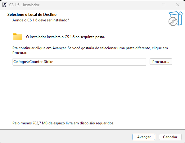 Instalador do CS 1.6 na tela de escolha da pasta de destino
