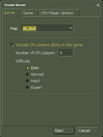 Janela Create Server do CS 1.6 com bots ativados no mapa de_dust