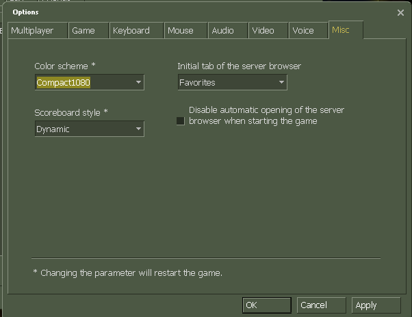 Aba Misc das opções do CS 1.6 com o esquema de cores Compact1080 e placar dinâmico